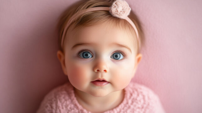 charming portrait of baby girl with big blue eyes and pink headband, radiating innocence and joy. soft pink background enhances her adorable features