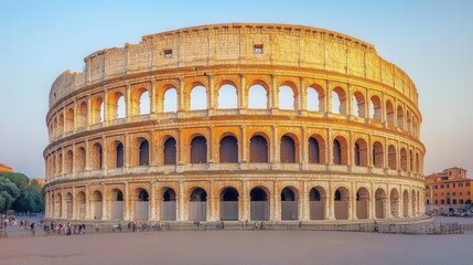 Ancient Colosseum in Rome, bathed in soft golden light during sunset