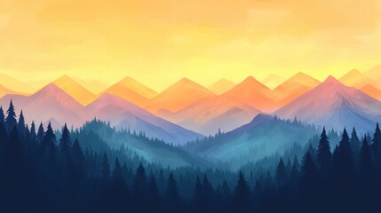 Colorful mountain range landscape at sunrise or sunset, with silhouettes of evergreen forest at base.