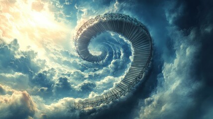 Spiral staircase ascending into a bright, heavenly sky amidst fluffy clouds.