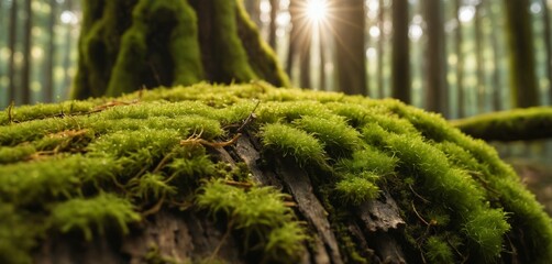 Macro shot of moss growing on a tree bark, with blurred forest light filtering in.