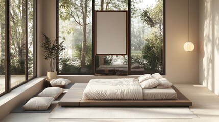Fototapeta premium Isometric view of a modern bedroom with natural light and minimalist decor.