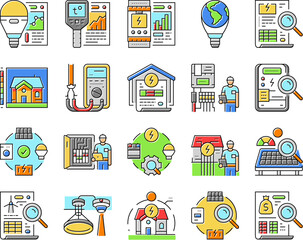 energy audit electricity building icons set vector. business office, efficient house, cost energetic, home green, money chart, water energy audit electricity building color line illustrations