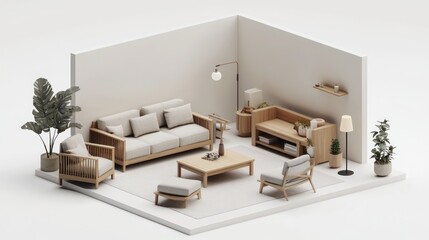 Warm 3D living room design with wooden furniture, soft lighting, and beige tones.