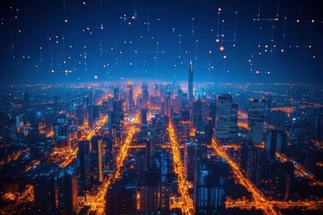 Fototapeta premium A vibrant cityscape illuminated with digital elements and connections.