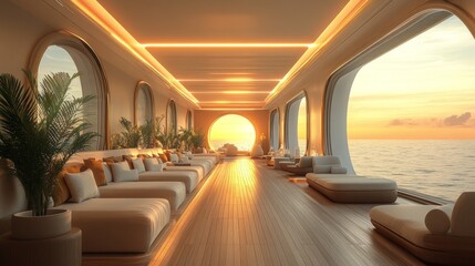 Obraz premium The cozy lounge area boasts plush sofas, soft lighting, and large windows showcasing a breathtaking sunset over the ocean, creating a tranquil atmosphere.