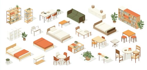 Flat isometric vector illustrations of furniture like beds, chairs, and bookshelves.