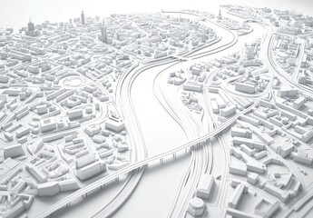 White 3D model of a city landscape with roads, rivers, and urban structures.