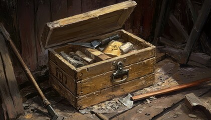 A wooden toolbox filled with various tools and materials.