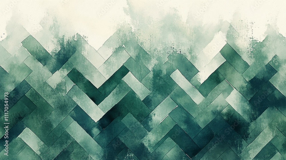 Poster Captivating watercolor artwork features intricate green and white lines weaving in a herringbone pattern, creating a serene and soothing visual experience that reflects the essence of nature