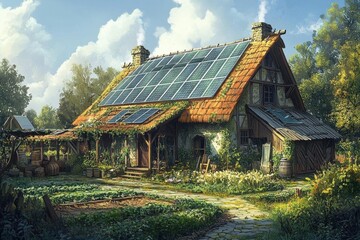 Obraz premium A charming eco-friendly house with solar panels and a lush garden.
