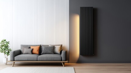 Winter heating and heater cozy, A modern living room featuring a sleek sofa with decorative cushions and a stylish vertical radiator against a contrasting wall.