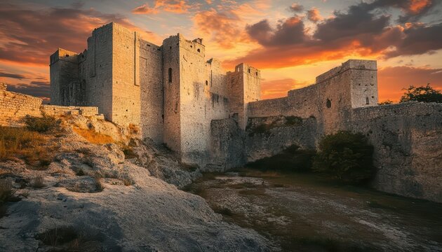 A historic castle ruins bathed in sunset light.