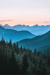 Obraz premium Serene mountain landscape at dusk with layers of blue and purple hues.