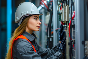 Technician inspects complex electrical panels while wearing safety gear in an industrial environment.
