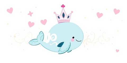 Cute whale princess wearing crown surrounded by lettering, vector hand drawn illustration for fashion kids print, print, vector illustration