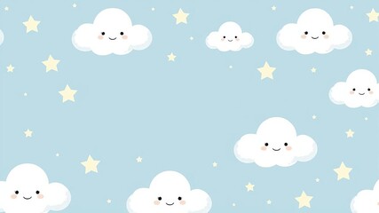 Cute white smiling cloud vector pattern for baby shower with stars on blue background, seamless, blue