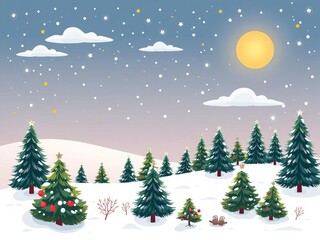 Cute winter landscape with trees, snow, sun, and clouds perfect for Christmas and New Year designs, Christmas, snow