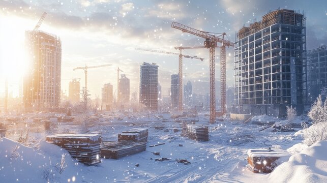 A sprawling construction site is enveloped in fresh snow, with towering cranes and unfinished buildings standing against a breathtaking winter sunrise. The air is crisp and serene