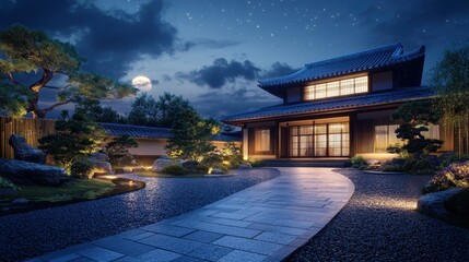 A serene night view of a traditional Japanese house with a garden and moonlight.