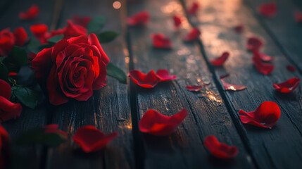 close up of vibrant red roses with scattered petals on wooden surface, creating romantic and serene atmosphere. rich colors and textures evoke feelings of love and beauty