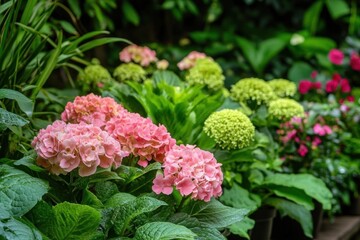 A vibrant garden scene featuring colorful hydrangeas and lush greenery.