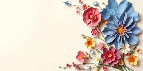 Decorative background featuring paper handmade flowers in various colors on a wall, colorful, artistic