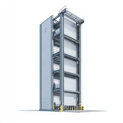 A tall, modern structure featuring multiple levels, designed for efficient vertical transportation or storage.