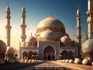 Obraz premium Eid al-fitr, Eid Al adha illustration And Eid mubarak festival greeting lantern With islamic architecture background Design