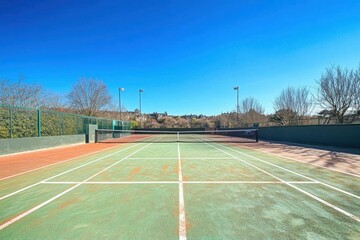 Fototapeta premium A clear view of an empty tennis court under a bright blue sky.