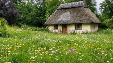 A charming thatched cottage surrounded by a vibrant wildflower meadow.