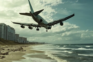 Obraz premium Passenger Plane Soaring Over Scenic Coastal Resort and Sandy Beaches