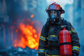Naklejka premium Firefighter equipped with mask and extinguisher faces large blaze in city, ready to act save lives.