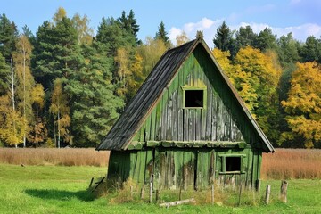 Fototapeta premium A green house with a slanted roof sits in a field of grass