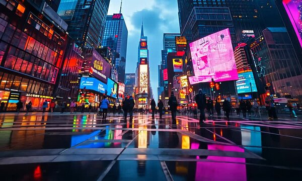 A vibrant, rainy evening in Times Square with colorful lights reflecting on wet pavement.