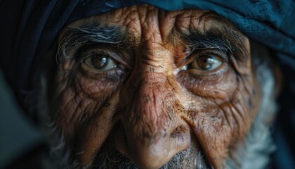Close-up portrait of an elderly man with deep-set eyes and expressive features.