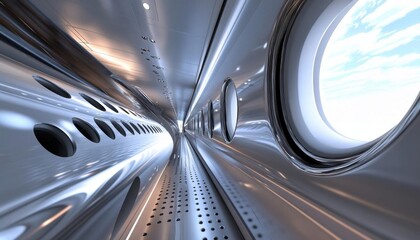 A futuristic, sleek interior of a transport vehicle with windows.