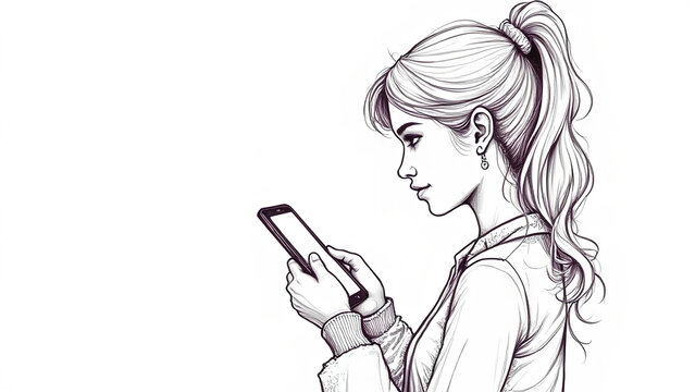 One-line drawing style a woman holding a smartphone in her hand and looking at it