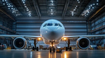 A large aircraft in a well-lit hangar, showcasing aviation maintenance.