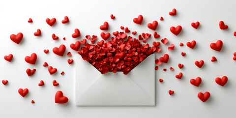 white envelope bursting with red paper hearts, symbolizing love and affection. vibrant hearts scatter around, creating joyful and romantic atmosphere