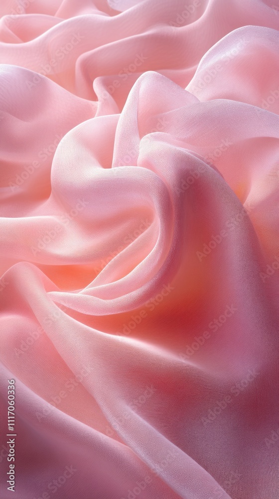 Poster Close-up view of pink chiffon fabric, characterized by its smooth texture and gentle folds. Light filters through the layers, creating a dreamy, soft ambiance