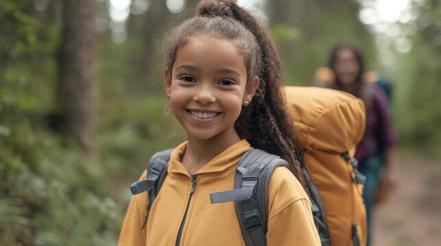 Young girl leads diverse group of happy hikers along a beautiful nature trail with backpacks in a lush forest
