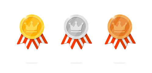 Gaming achievement award medal icon set with crown symbol and red striped ribbon. Winner place gold, silver, bronze ranking and quality medallion in royal theme. Game leader bonus animation badge