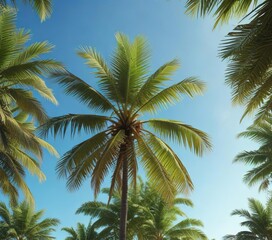 Full view of coconut palm tree swaying gently in the breeze with leaves rustling softly against the clear blue sky, cloudy sky, leafy greens, relaxed ambiance
