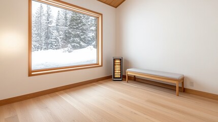 Winter heating and heater cozy, A serene, minimalistic room featuring a large window with a snowy view, wooden bench, and a stylish lamp, emphasizing natural light and tranquility.