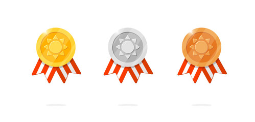 Gaming achievement award medal icon set with sun symbol and red striped ribbon. Winner place gold, silver, bronze ranking and quality medallion in ancient theme. Game leader bonus animation badge
