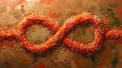 Intertwined orange and white rice grains forming an infinity symbol on a textured surface.