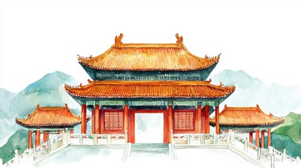 A beautifully illustrated traditional Asian temple showcasing intricate designs and vibrant colors against a serene backdrop.