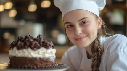 young girl in chef uniform smiles proudly beside chocolate cake, showcasing her baking skills and passion for pastry