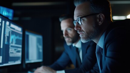 Financial market discussion featuring a trader and manager analyzing real-time data on advanced software